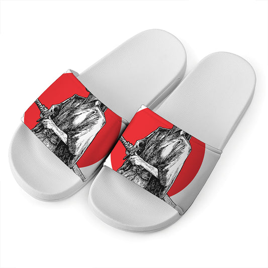 Japanese Samurai Girl Print White Slide Sandals