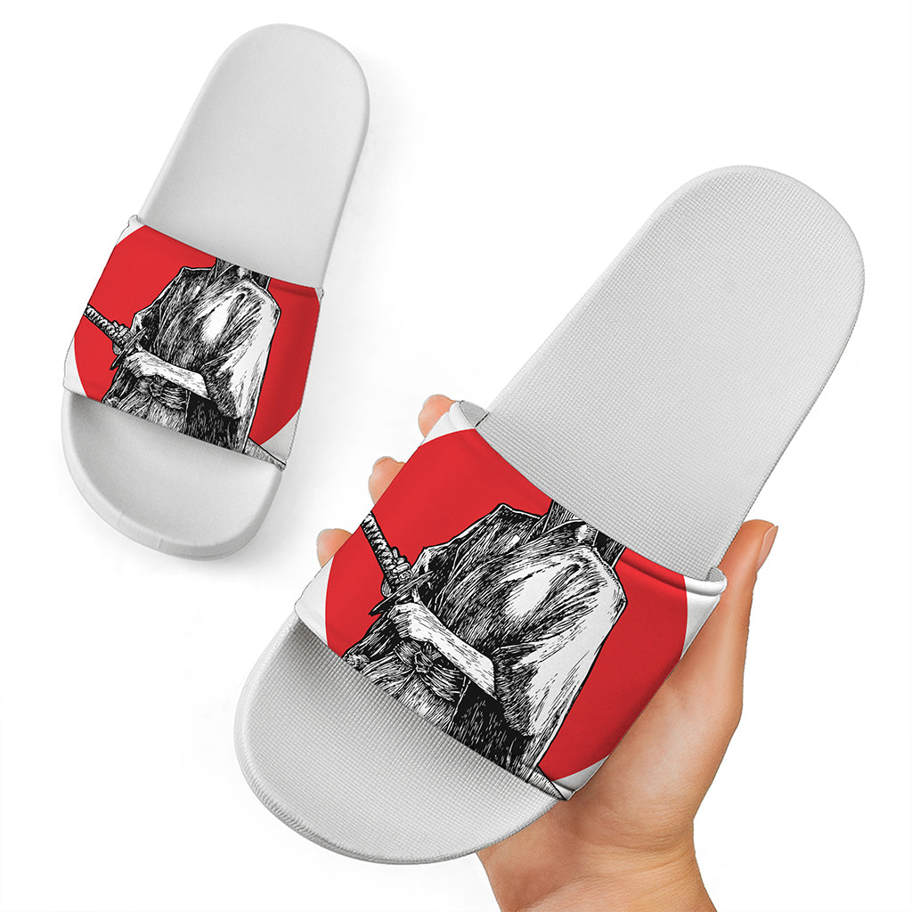 Japanese Samurai Girl Print White Slide Sandals