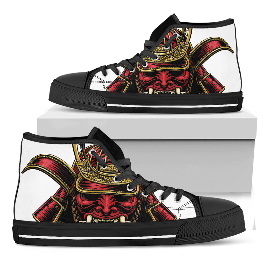 Japanese Samurai Helmet Print Black High Top Shoes