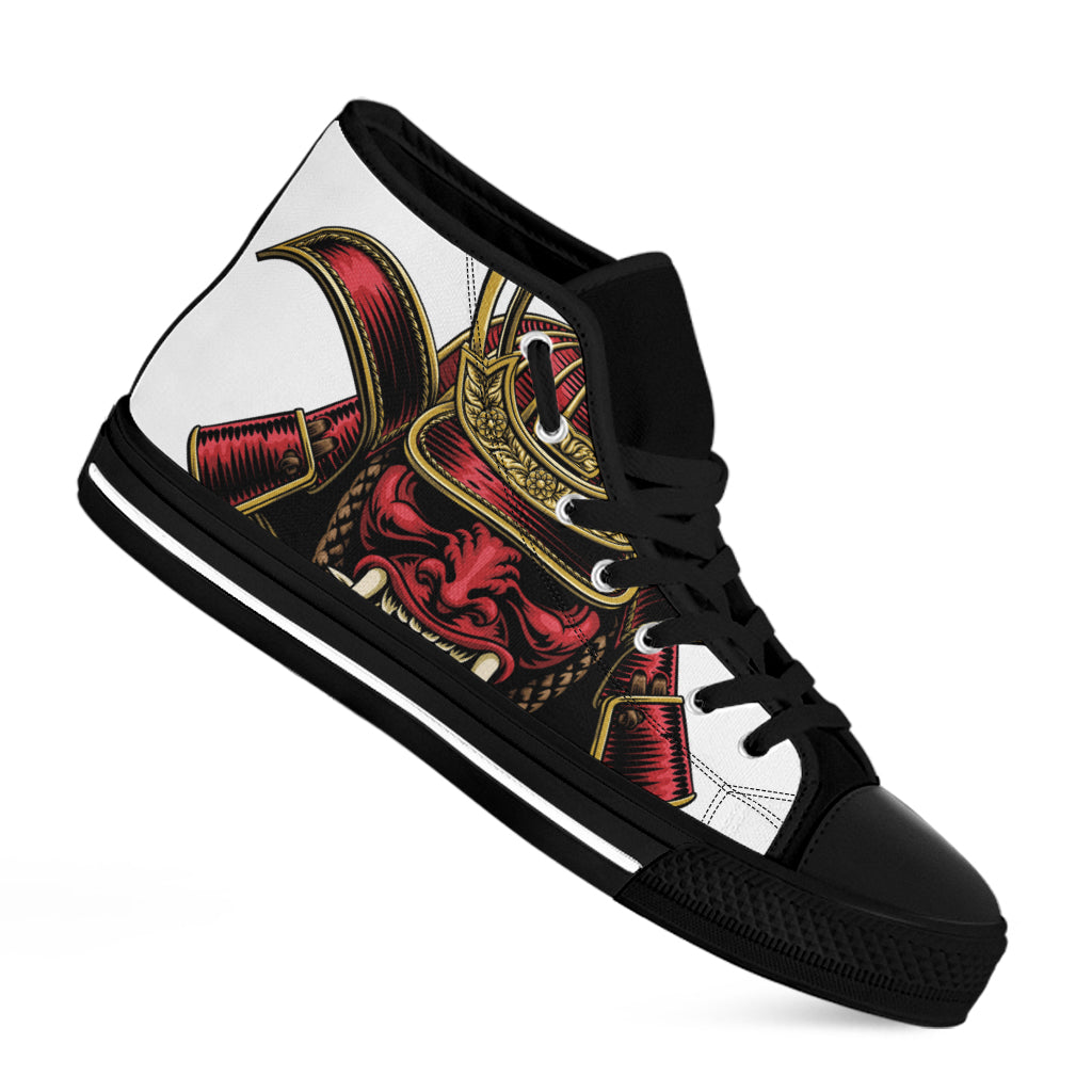 Japanese Samurai Helmet Print Black High Top Shoes