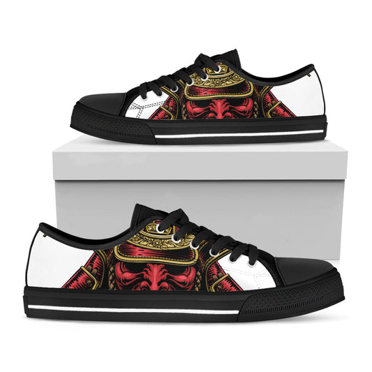 Japanese Samurai Helmet Print Black Low Top Shoes 