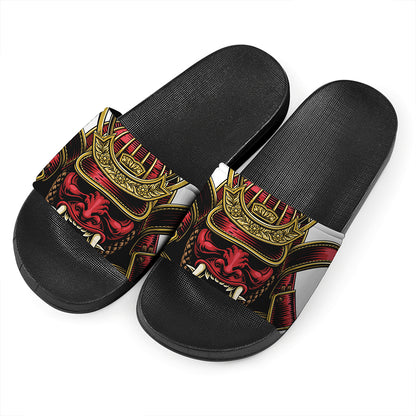 Japanese Samurai Helmet Print Black Slide Sandals