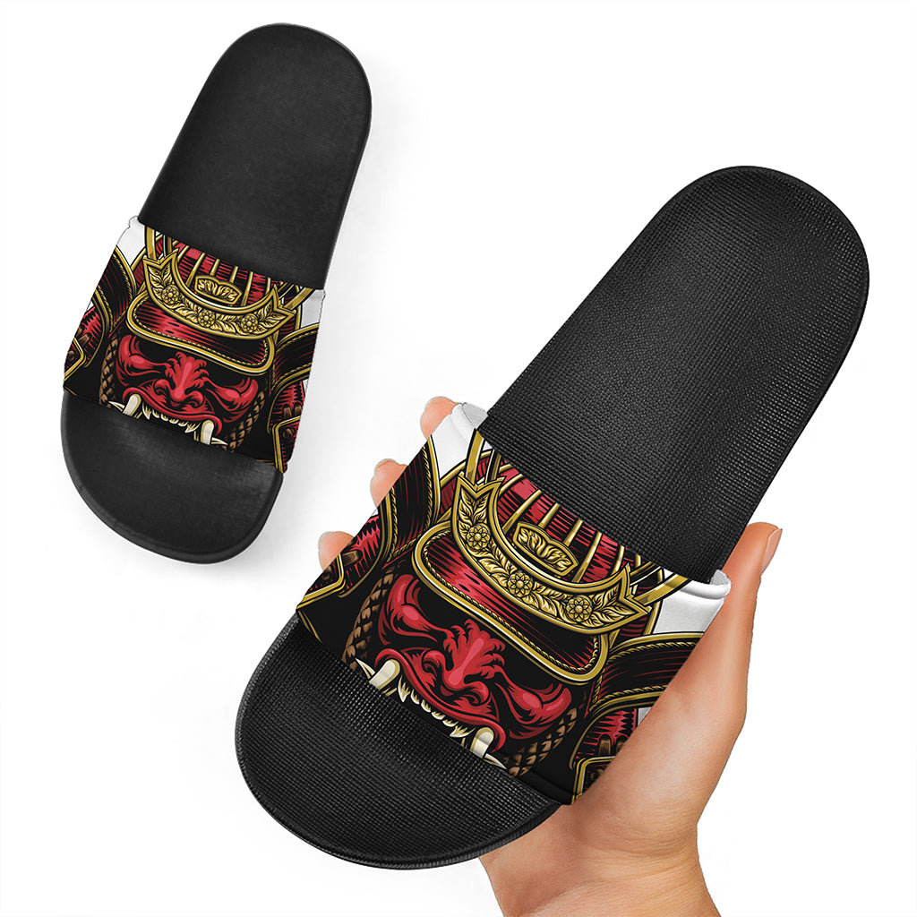 Japanese Samurai Helmet Print Black Slide Sandals