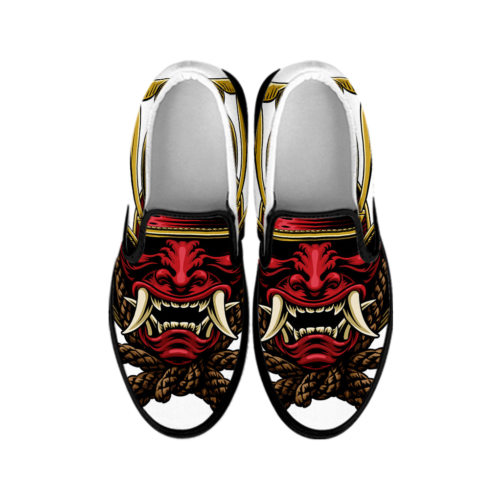 Japanese Samurai Helmet Print Black Slip On Shoes