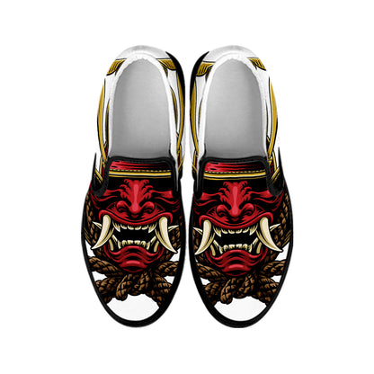 Japanese Samurai Helmet Print Black Slip On Shoes