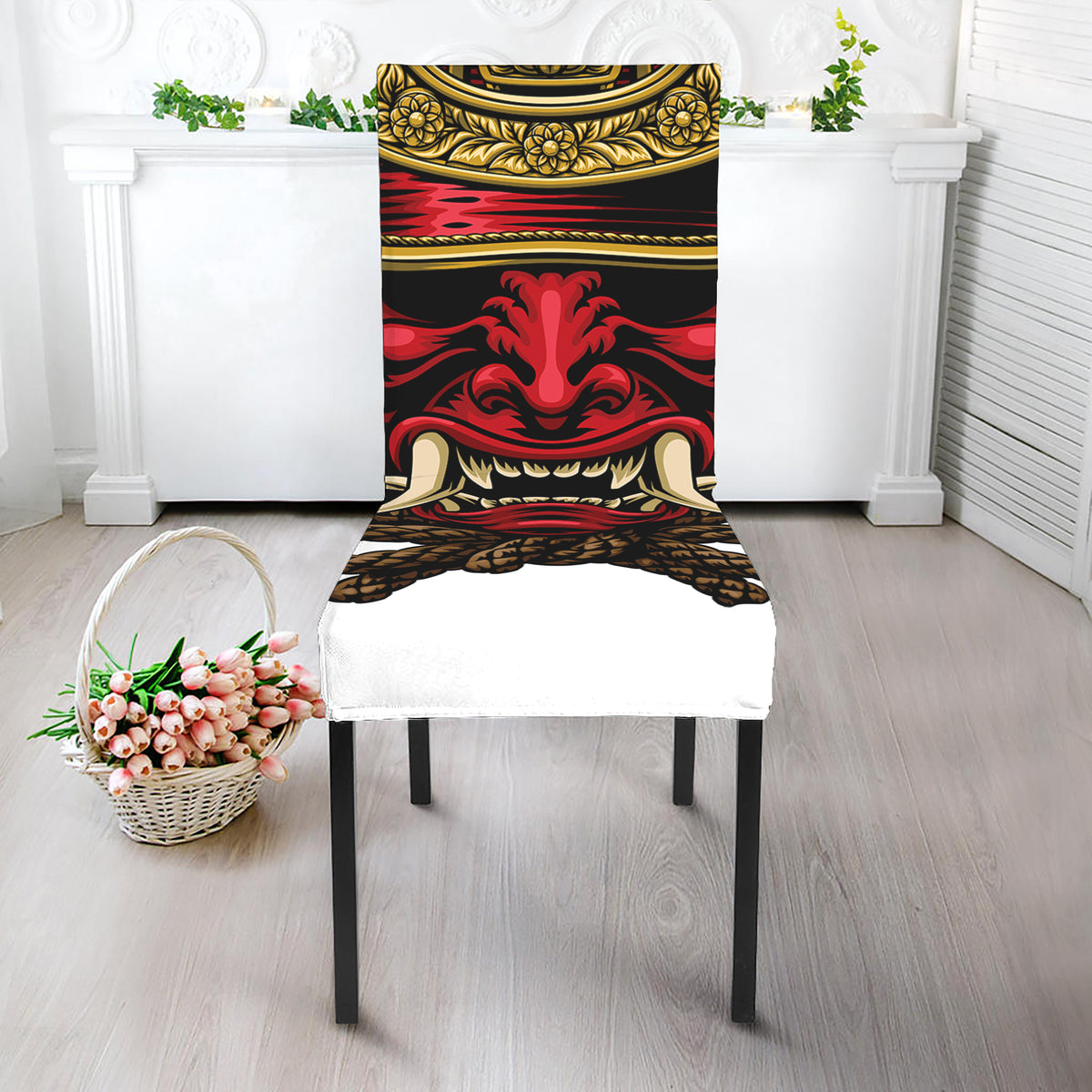 Japanese Samurai Helmet Print Dining Chair Slipcover