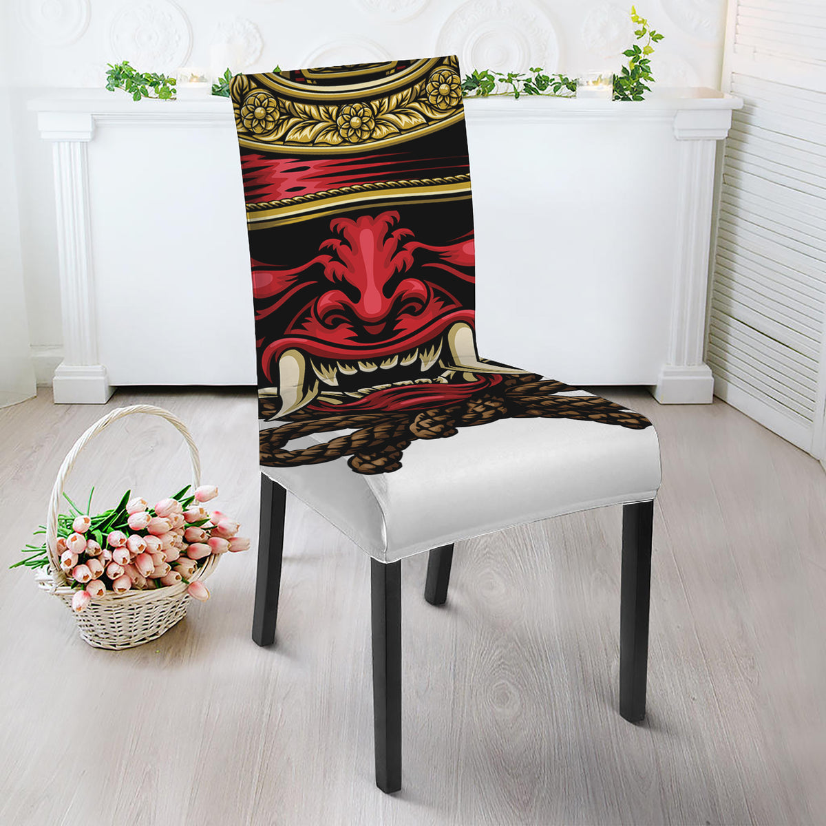 Japanese Samurai Helmet Print Dining Chair Slipcover