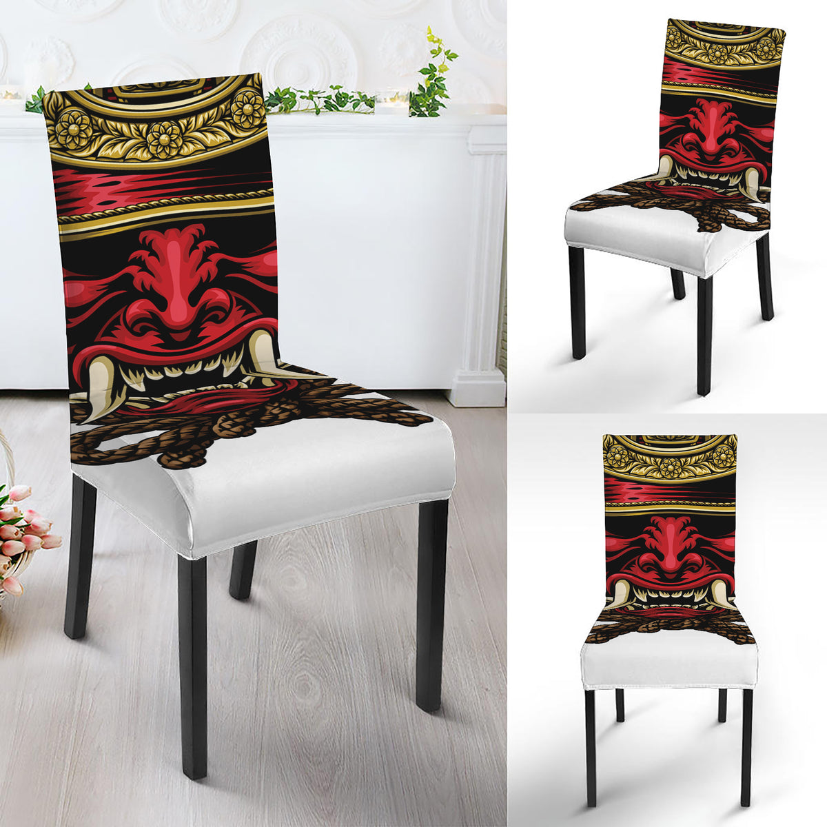 Japanese Samurai Helmet Print Dining Chair Slipcover