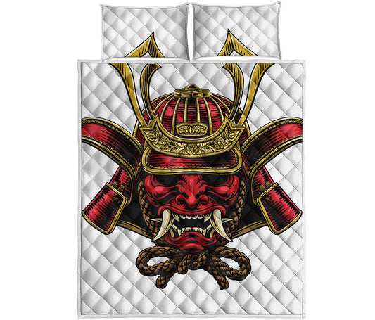 Japanese Samurai Helmet Print Quilt Bed Set