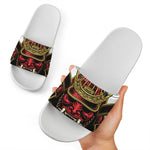 Japanese Samurai Helmet Print White Slide Sandals