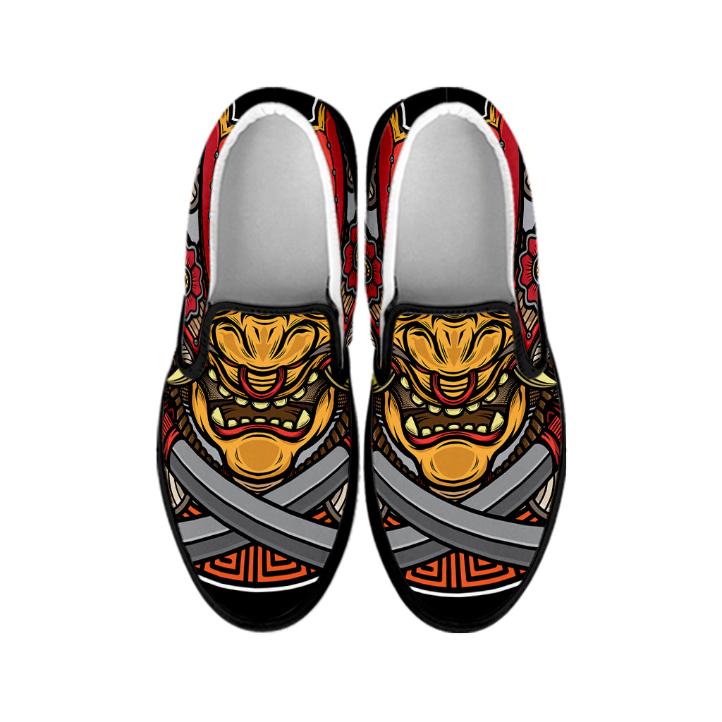 Japanese Samurai Mask Print Black Slip On Shoes