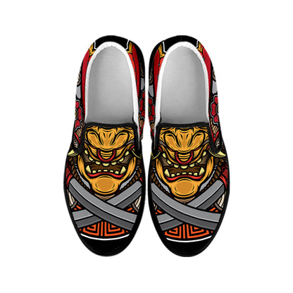 Japanese Samurai Mask Print Black Slip On Shoes