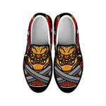 Japanese Samurai Mask Print Black Slip On Shoes