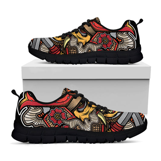 Japanese Samurai Mask Print Black Sneakers
