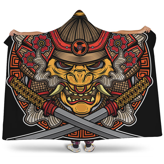 Japanese Samurai Mask Print Hooded Blanket