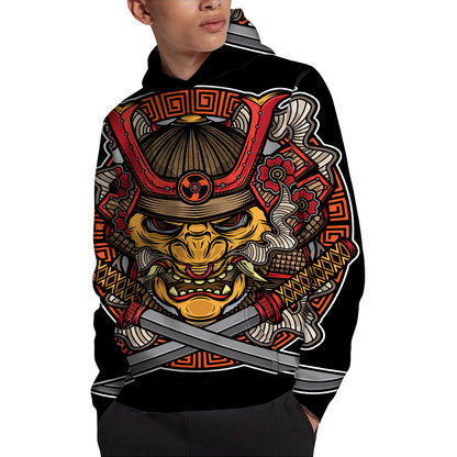 Japanese Samurai Mask Print Pullover Hoodie