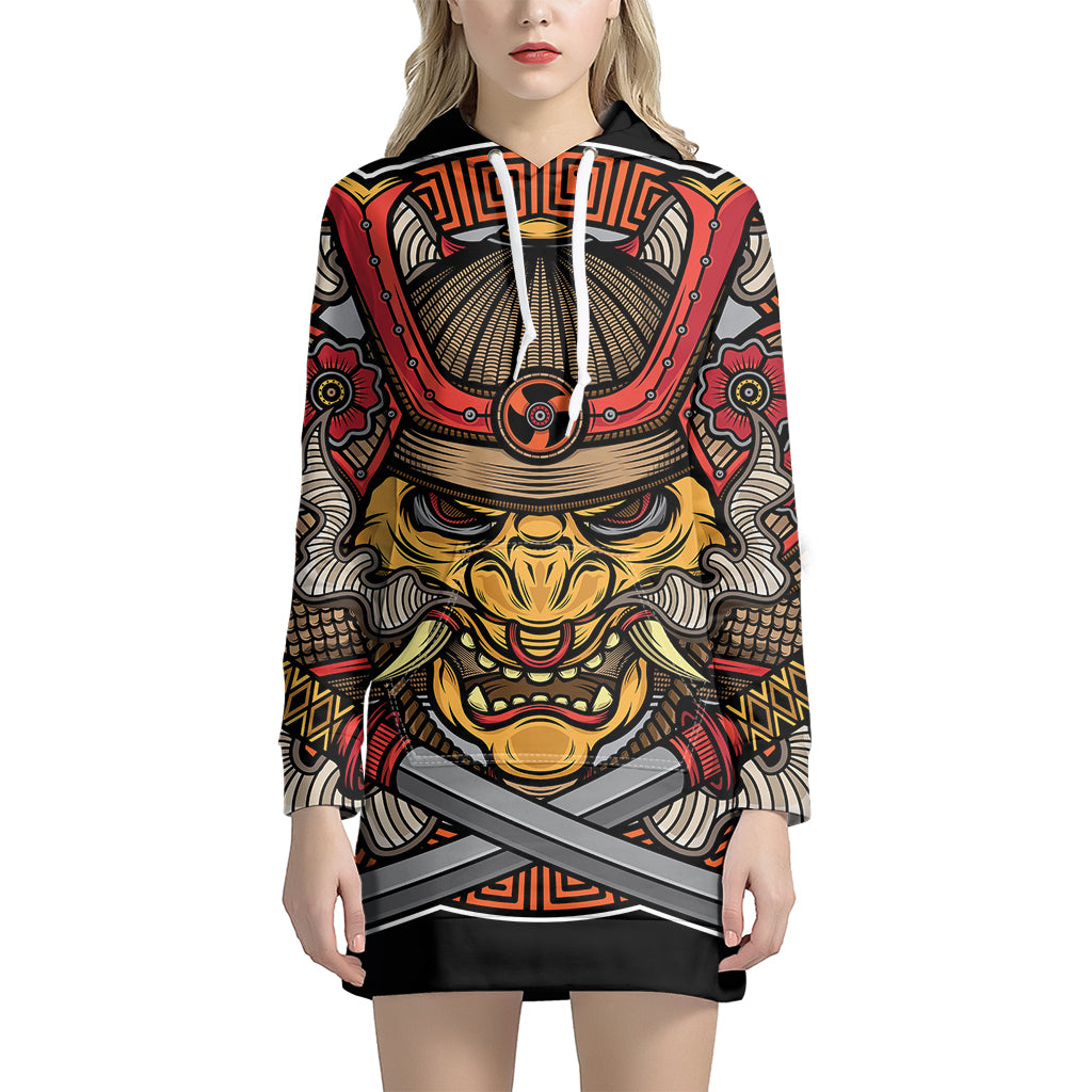 Japanese Samurai Mask Print Pullover Hoodie Dress