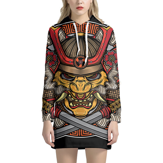 Japanese Samurai Mask Print Pullover Hoodie Dress
