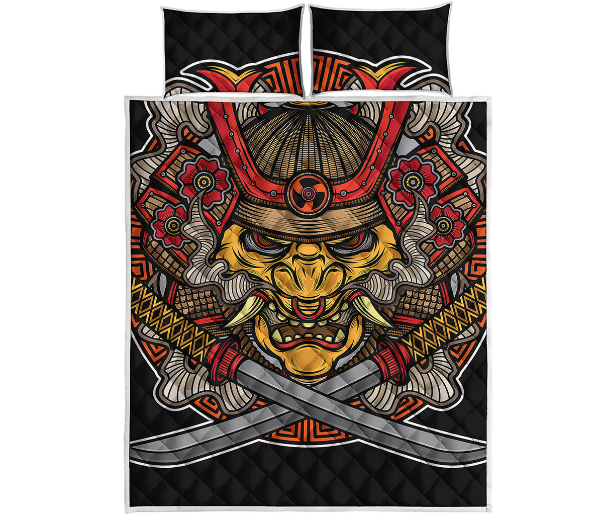 Japanese Samurai Mask Print Quilt Bed Set