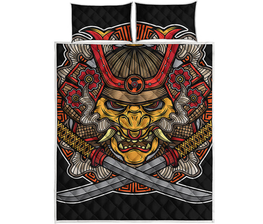 Japanese Samurai Mask Print Quilt Bed Set