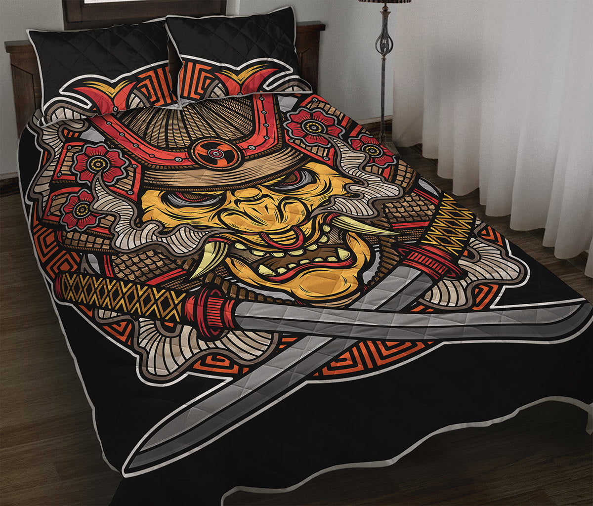 Japanese Samurai Mask Print Quilt Bed Set
