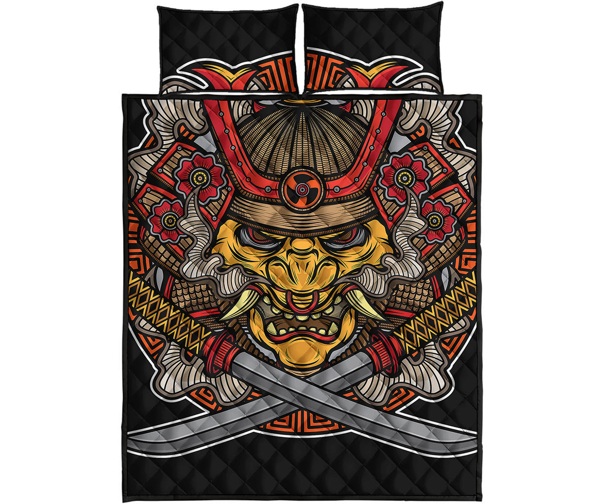 Japanese Samurai Mask Print Quilt Bed Set