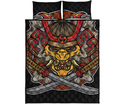 Japanese Samurai Mask Print Quilt Bed Set