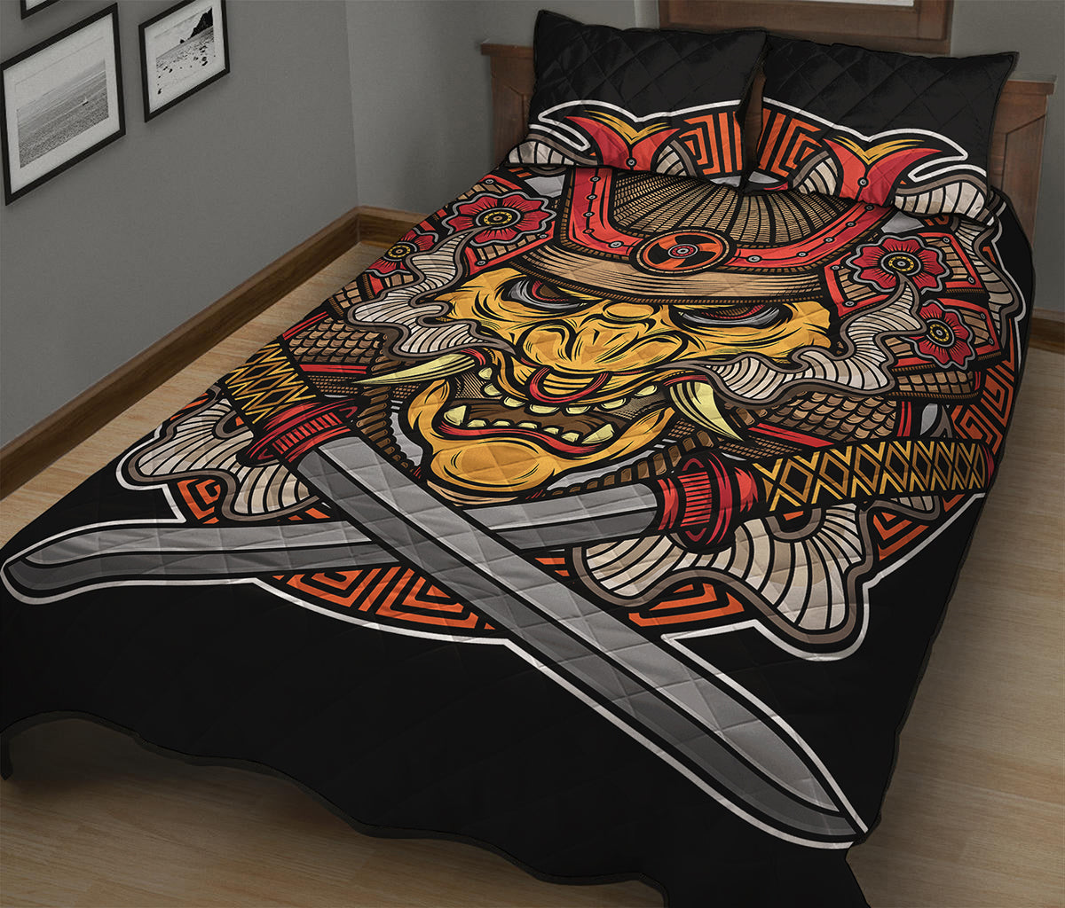 Japanese Samurai Mask Print Quilt Bed Set