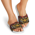 Japanese Samurai Mask Print White Slide Sandals