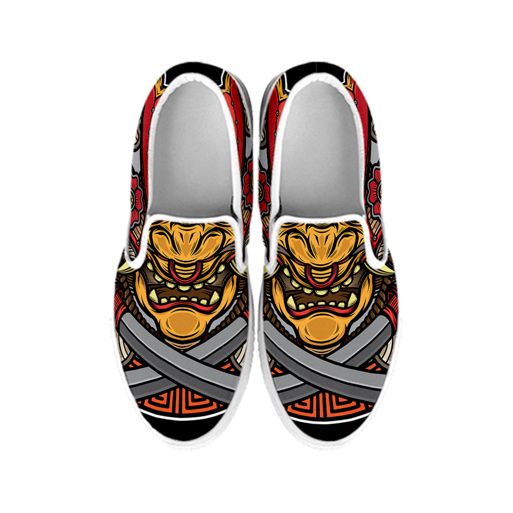 Japanese Samurai Mask Print White Slip On Shoes