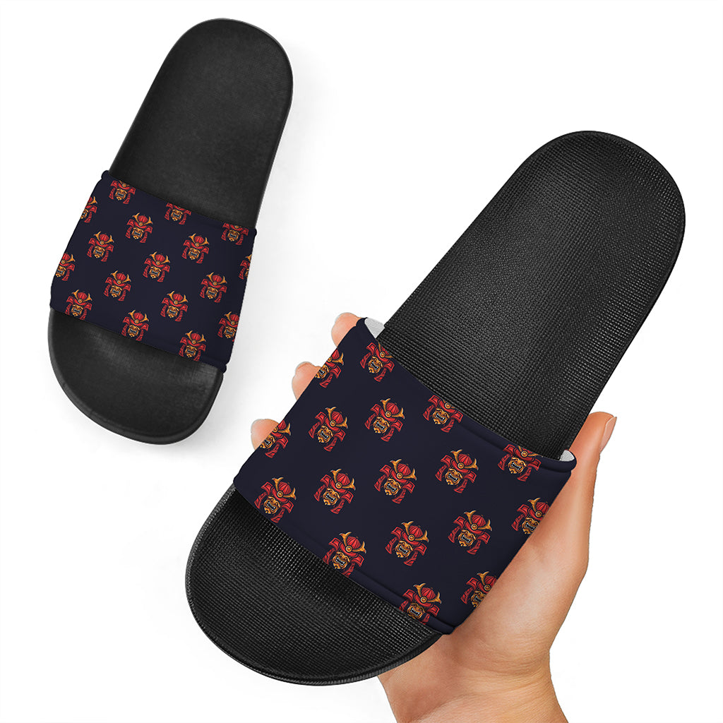 Japanese Samurai Pattern Print Black Slide Sandals
