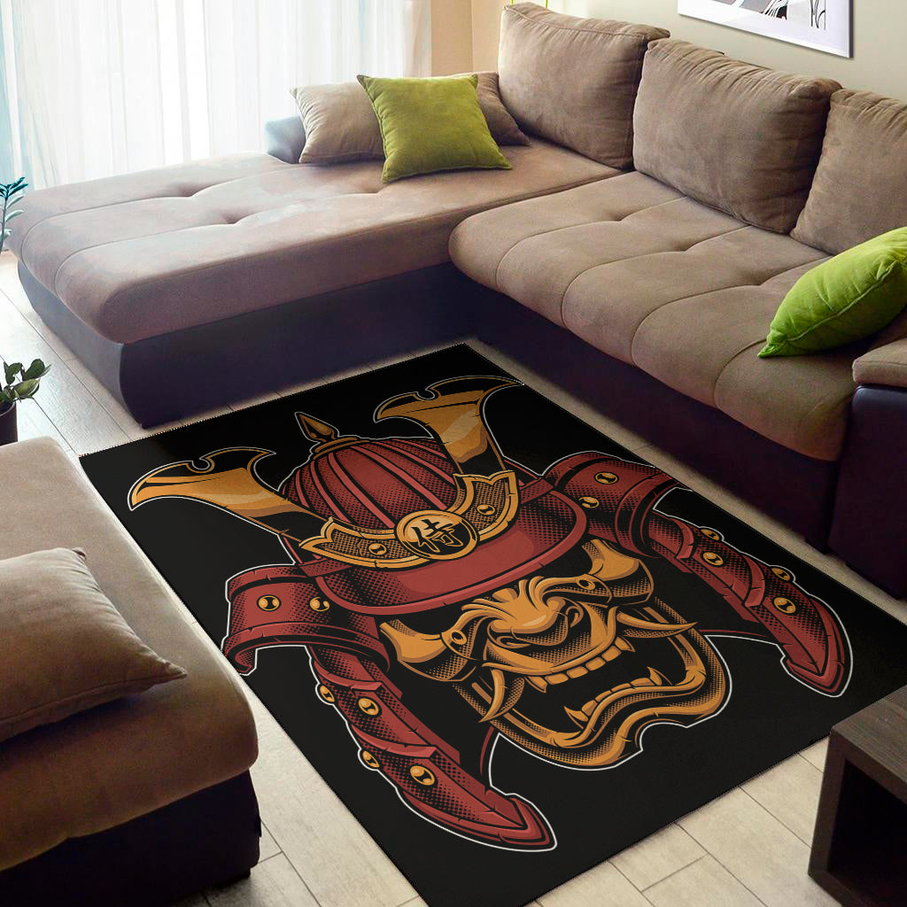 Japanese Samurai Warrior Mask Print Area Rug