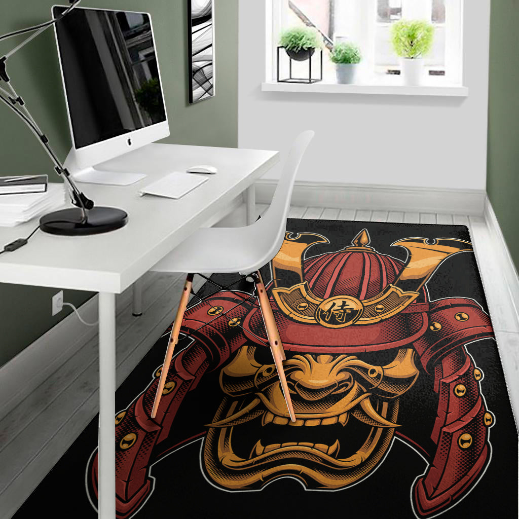 Japanese Samurai Warrior Mask Print Area Rug