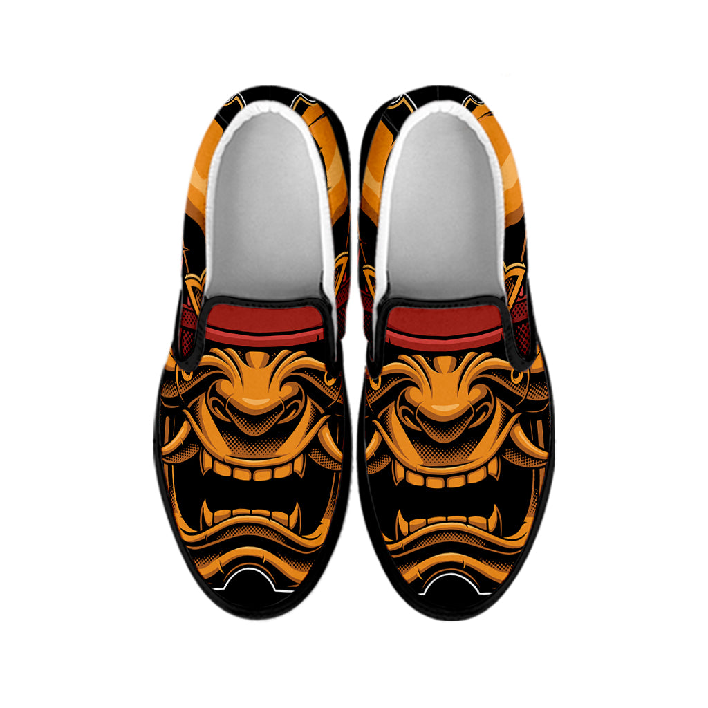 Japanese Samurai Warrior Mask Print Black Slip On Shoes