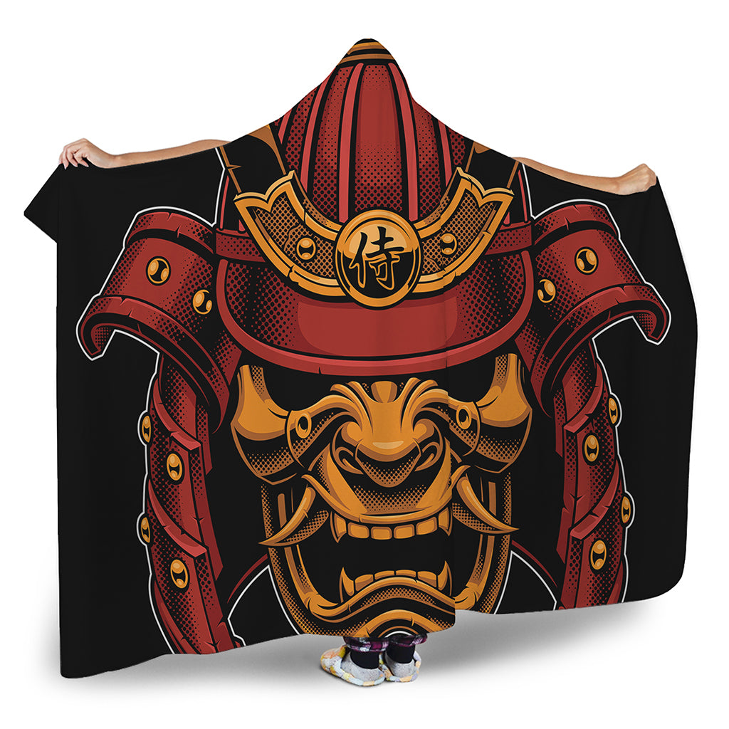 Japanese Samurai Warrior Mask Print Hooded Blanket