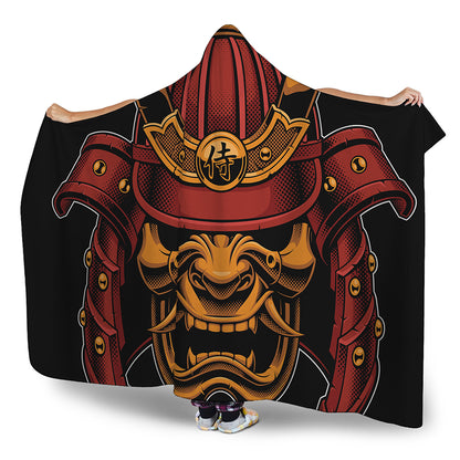 Japanese Samurai Warrior Mask Print Hooded Blanket