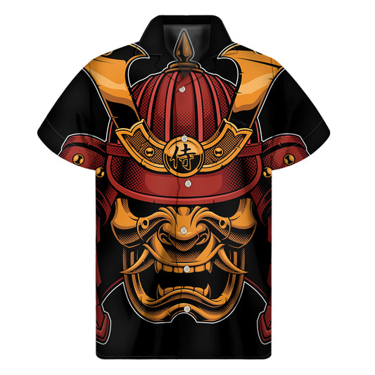 Japanese Samurai Warrior Mask Print Men's Short Sleeve Shirt
