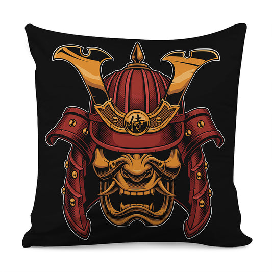 Japanese Samurai Warrior Mask Print Pillow Cover