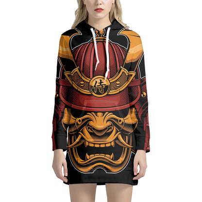 Japanese Samurai Warrior Mask Print Pullover Hoodie Dress