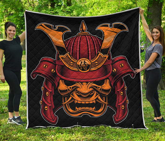 Japanese Samurai Warrior Mask Print Quilt