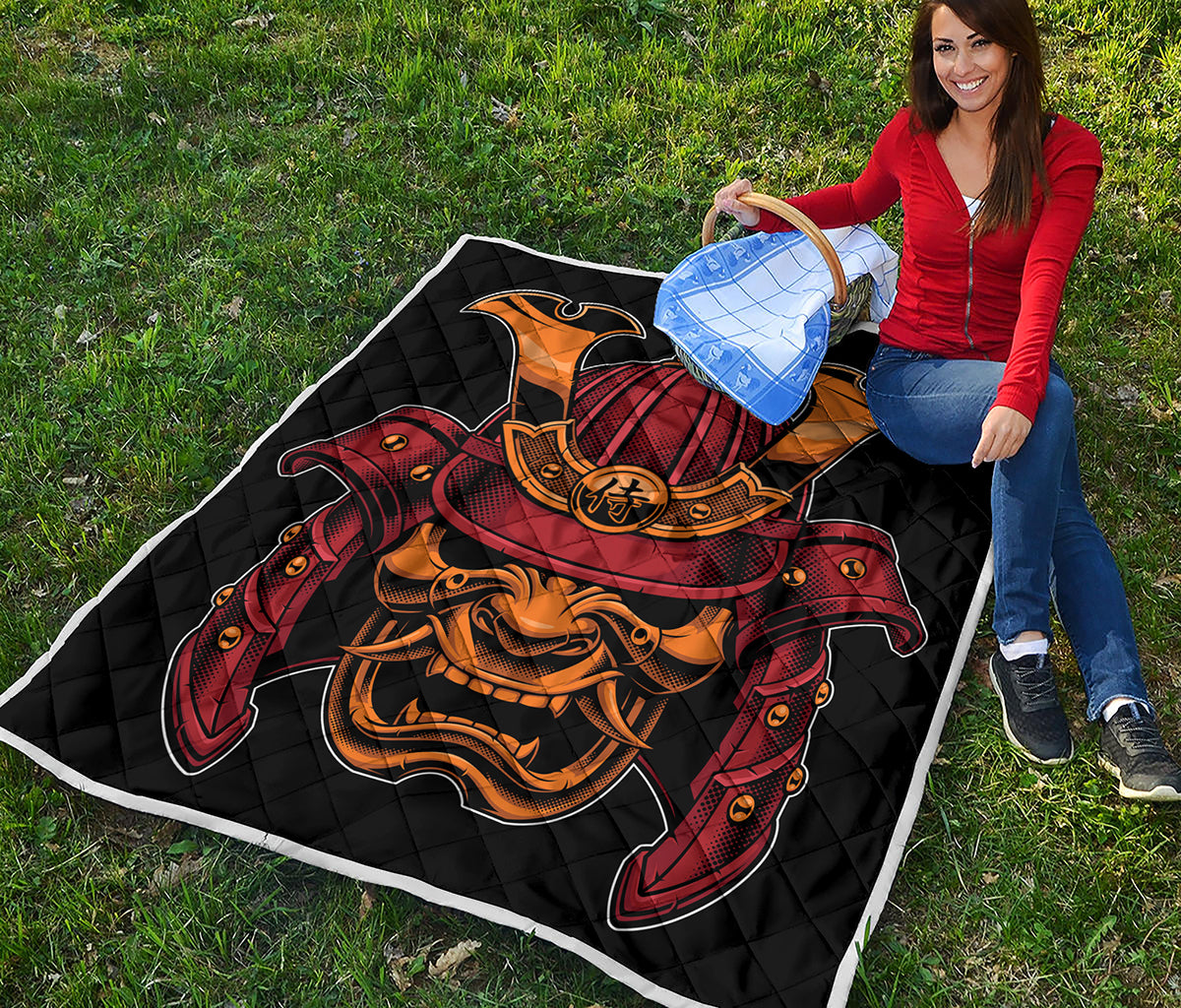 Japanese Samurai Warrior Mask Print Quilt