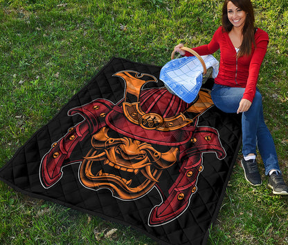 Japanese Samurai Warrior Mask Print Quilt