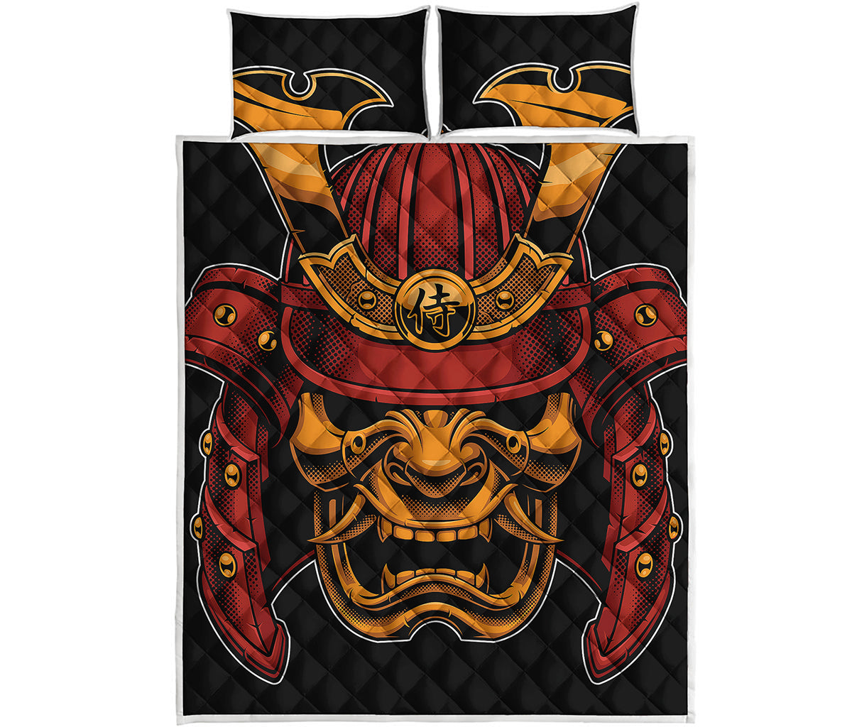 Japanese Samurai Warrior Mask Print Quilt Bed Set