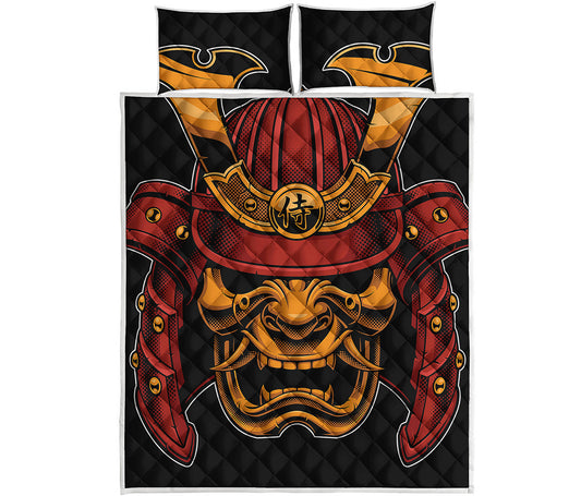 Japanese Samurai Warrior Mask Print Quilt Bed Set