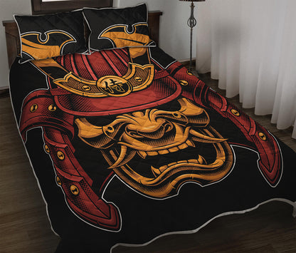 Japanese Samurai Warrior Mask Print Quilt Bed Set