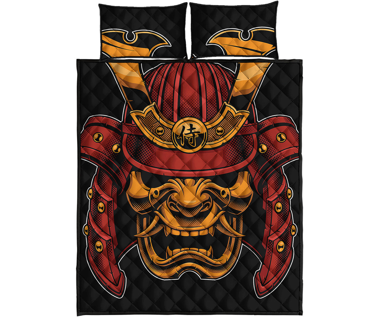 Japanese Samurai Warrior Mask Print Quilt Bed Set