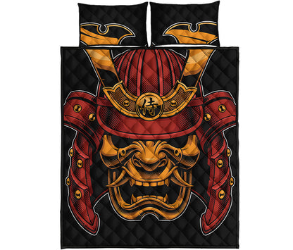 Japanese Samurai Warrior Mask Print Quilt Bed Set