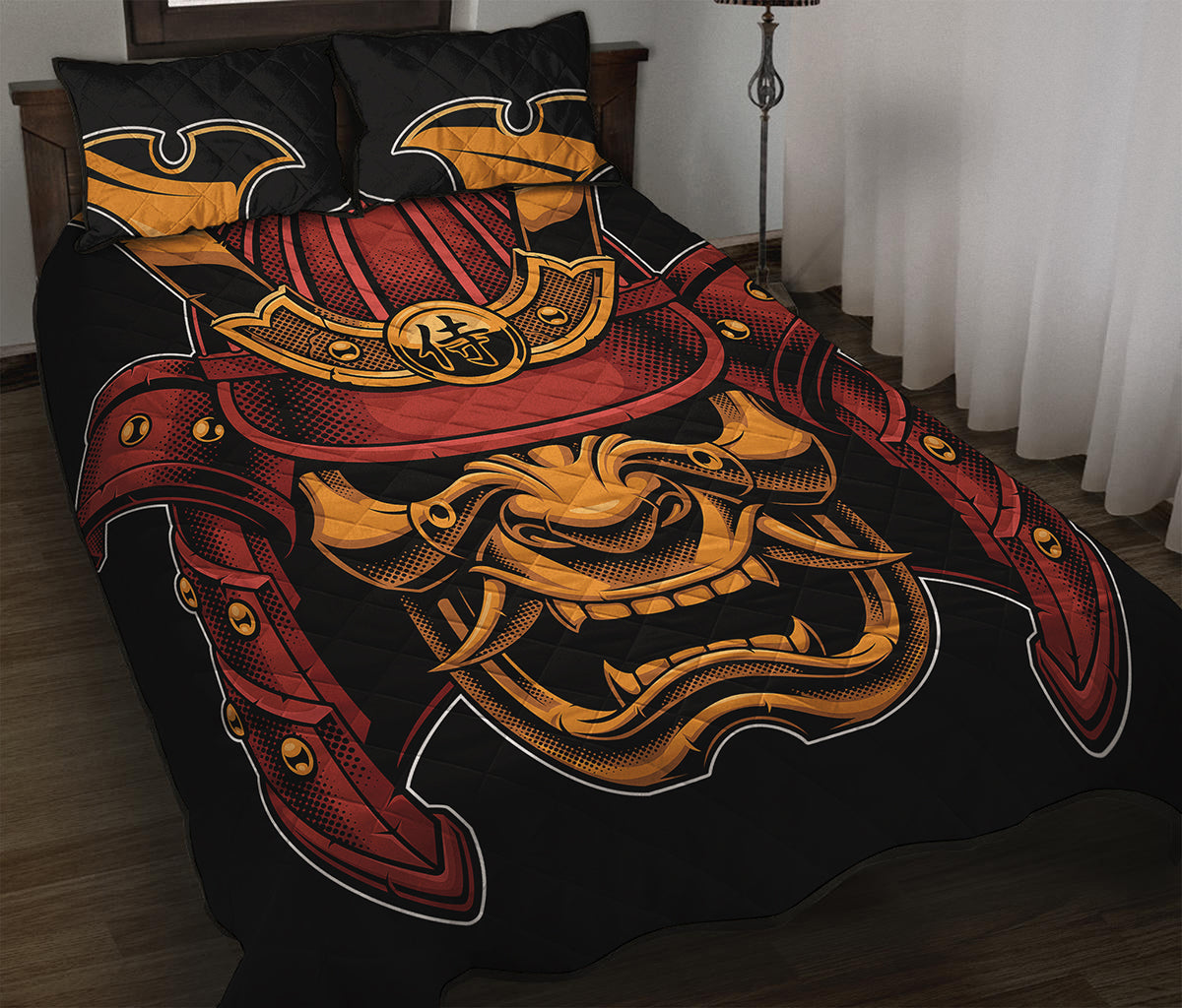 Japanese Samurai Warrior Mask Print Quilt Bed Set