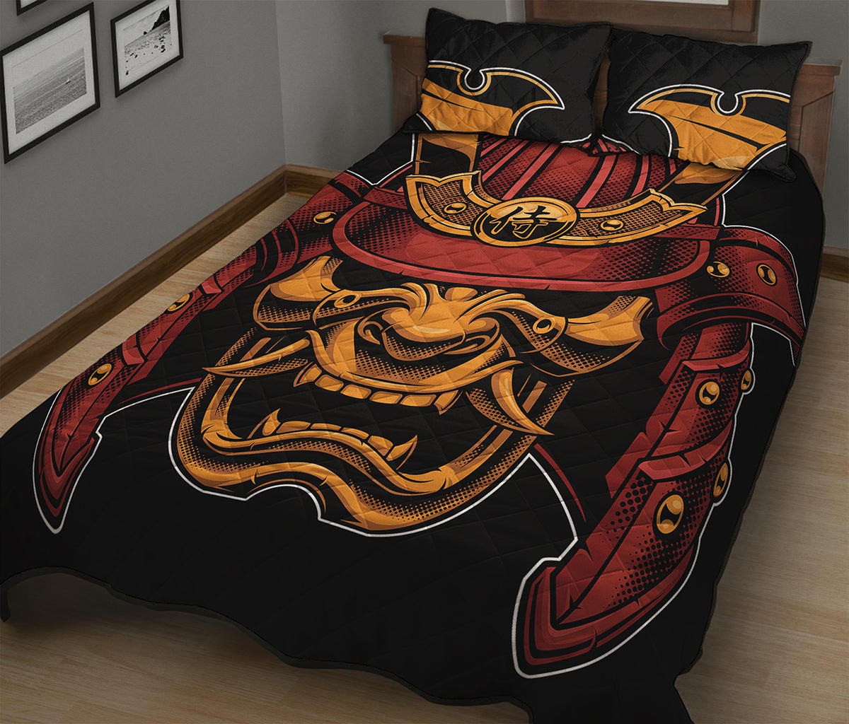 Japanese Samurai Warrior Mask Print Quilt Bed Set