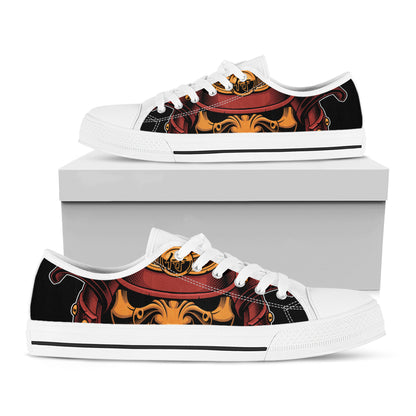 Japanese Samurai Warrior Mask Print White Low Top Shoes